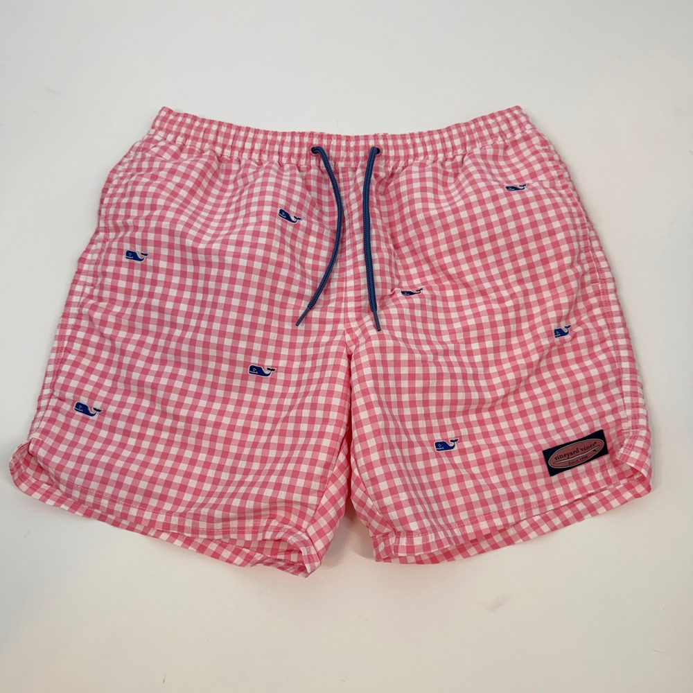 Vineyard Vines Mens Pink Gingham Whale Embroidered Swim Trunks Small 6in Inseam